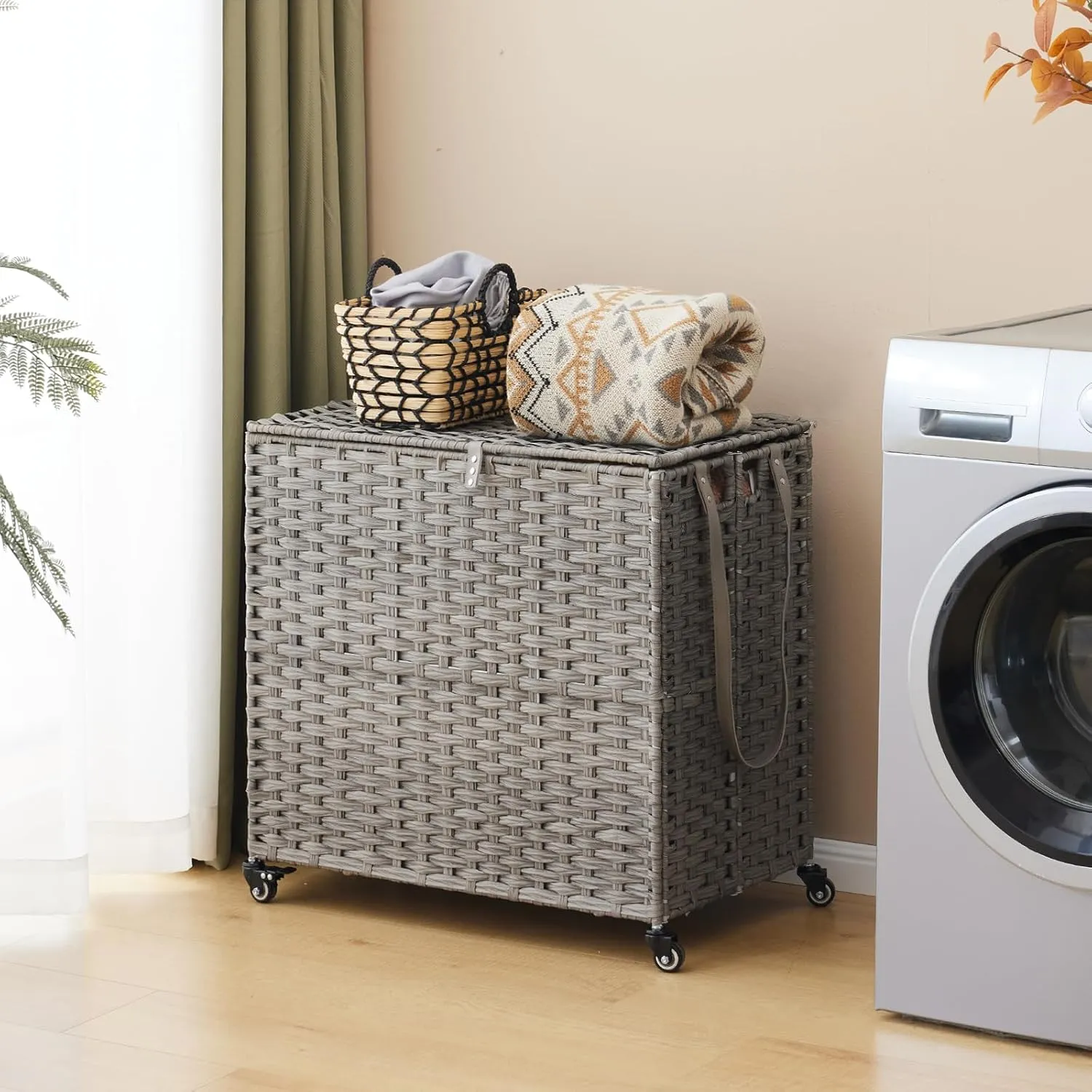 Rattan Laundry Hamper with Wheels, 39.6 Gallon(150L) Rolling Basket with Lid, 3-Section Sorter with 3 Removable Liners & Mesh Bags, Side Pocket, Grey