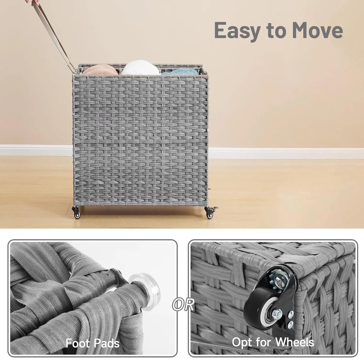Rattan Laundry Hamper with Wheels, 39.6 Gallon(150L) Rolling Basket with Lid, 3-Section Sorter with 3 Removable Liners & Mesh Bags, Side Pocket, Grey