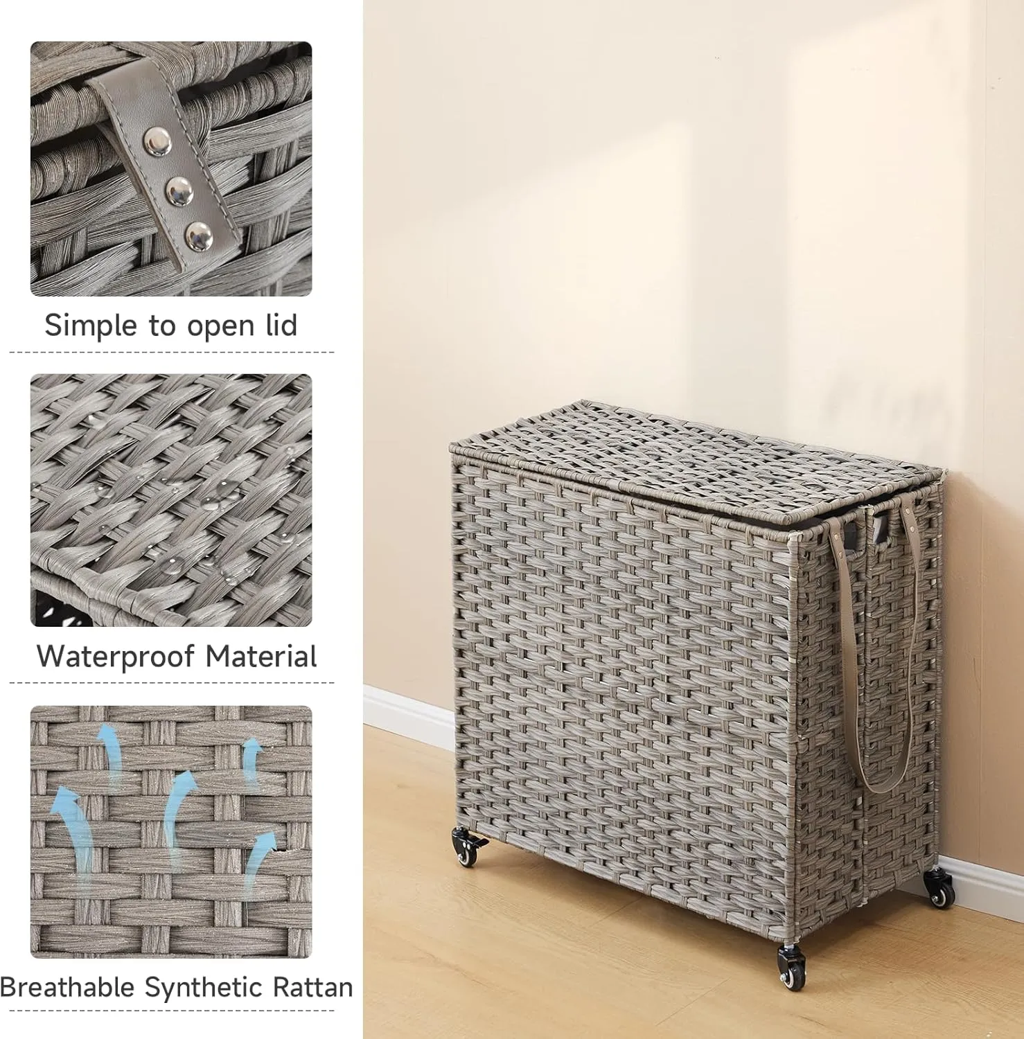 Rattan Laundry Hamper with Wheels, 39.6 Gallon(150L) Rolling Basket with Lid, 3-Section Sorter with 3 Removable Liners & Mesh Bags, Side Pocket, Grey