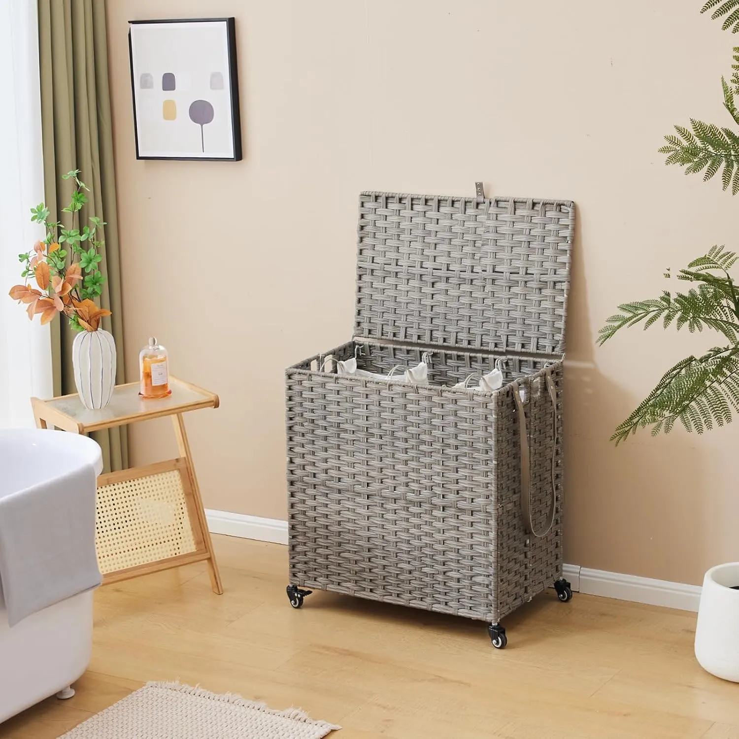 Rattan Laundry Hamper with Wheels, 39.6 Gallon(150L) Rolling Basket with Lid, 3-Section Sorter with 3 Removable Liners & Mesh Bags, Side Pocket, Grey
