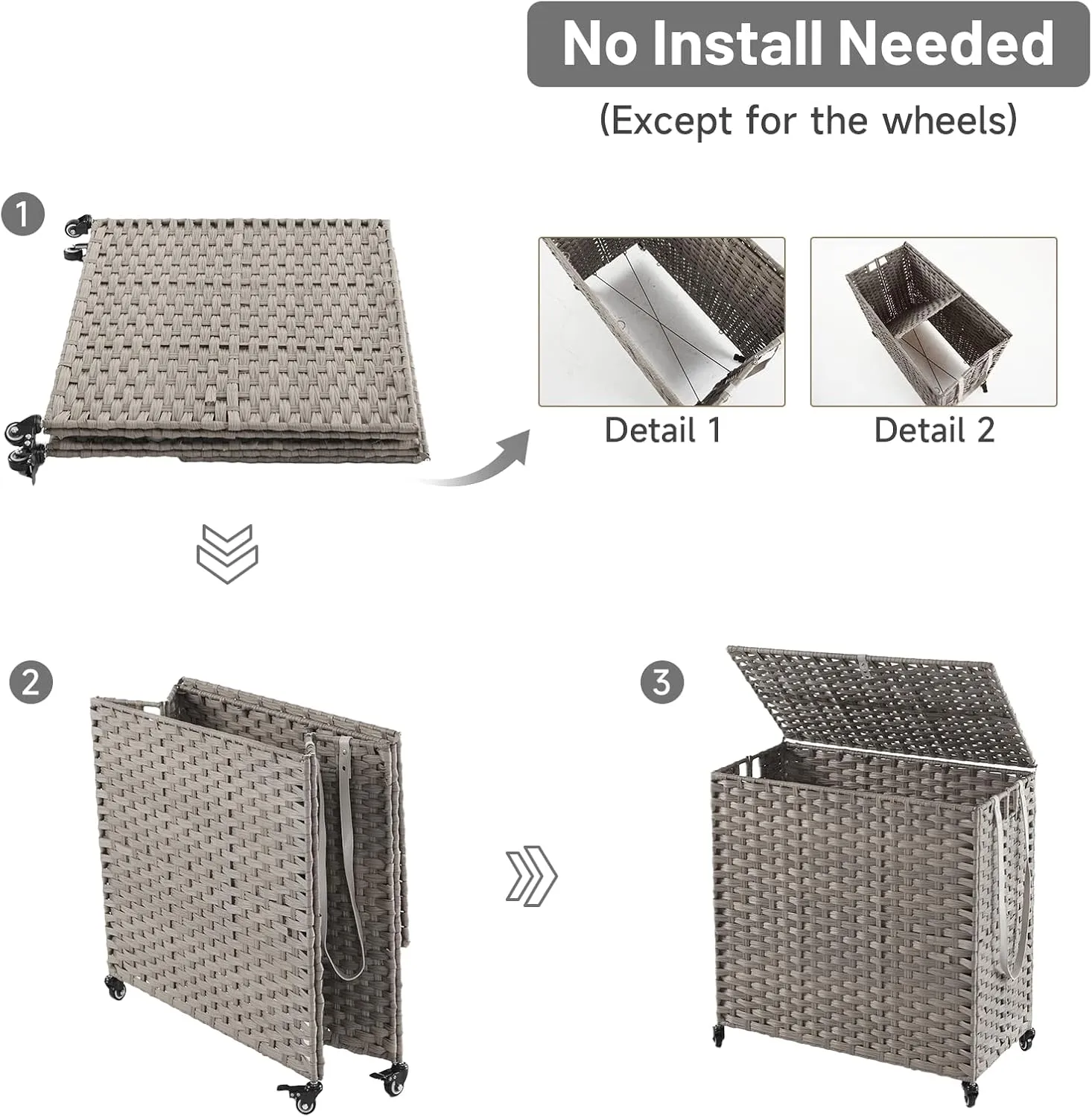 Rattan Laundry Hamper with Wheels, 39.6 Gallon(150L) Rolling Basket with Lid, 3-Section Sorter with 3 Removable Liners & Mesh Bags, Side Pocket, Grey