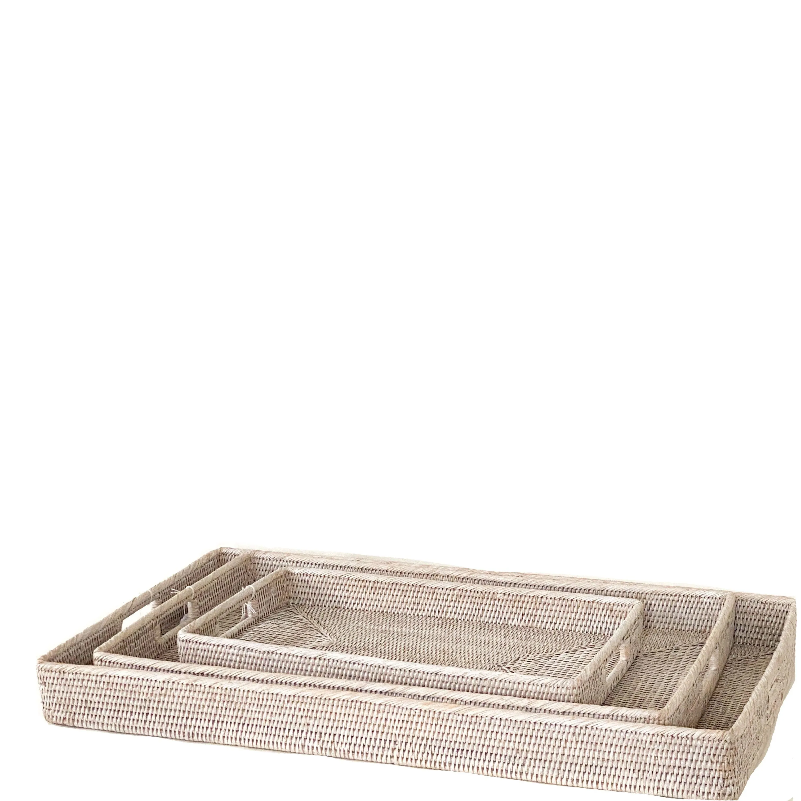 Rattan Tea Trays With Handles | White Wash