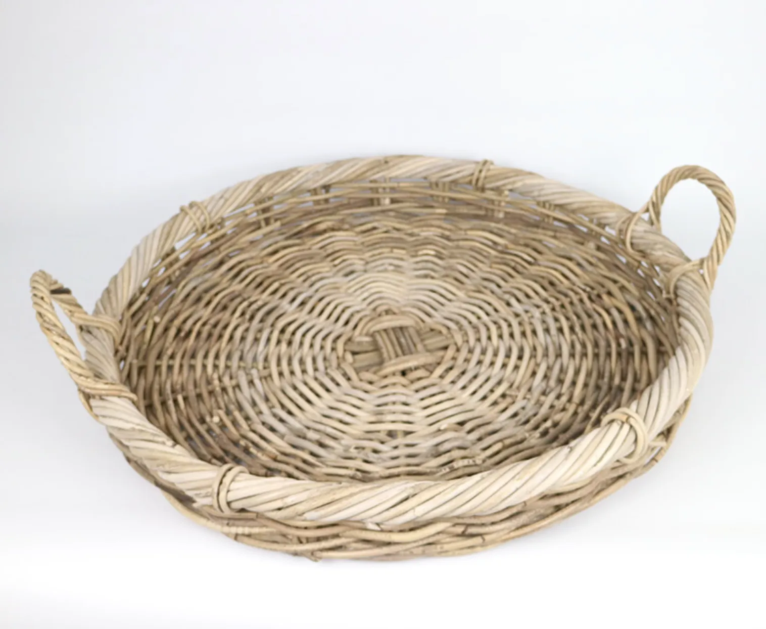 RATTAN THICK ROUND TABLE TRAY WITH HANDLES GREY