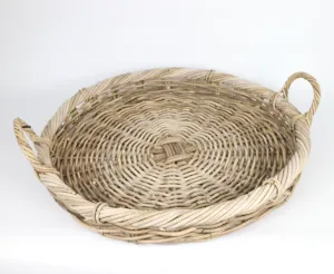 RATTAN THICK ROUND TABLE TRAY WITH HANDLES GREY