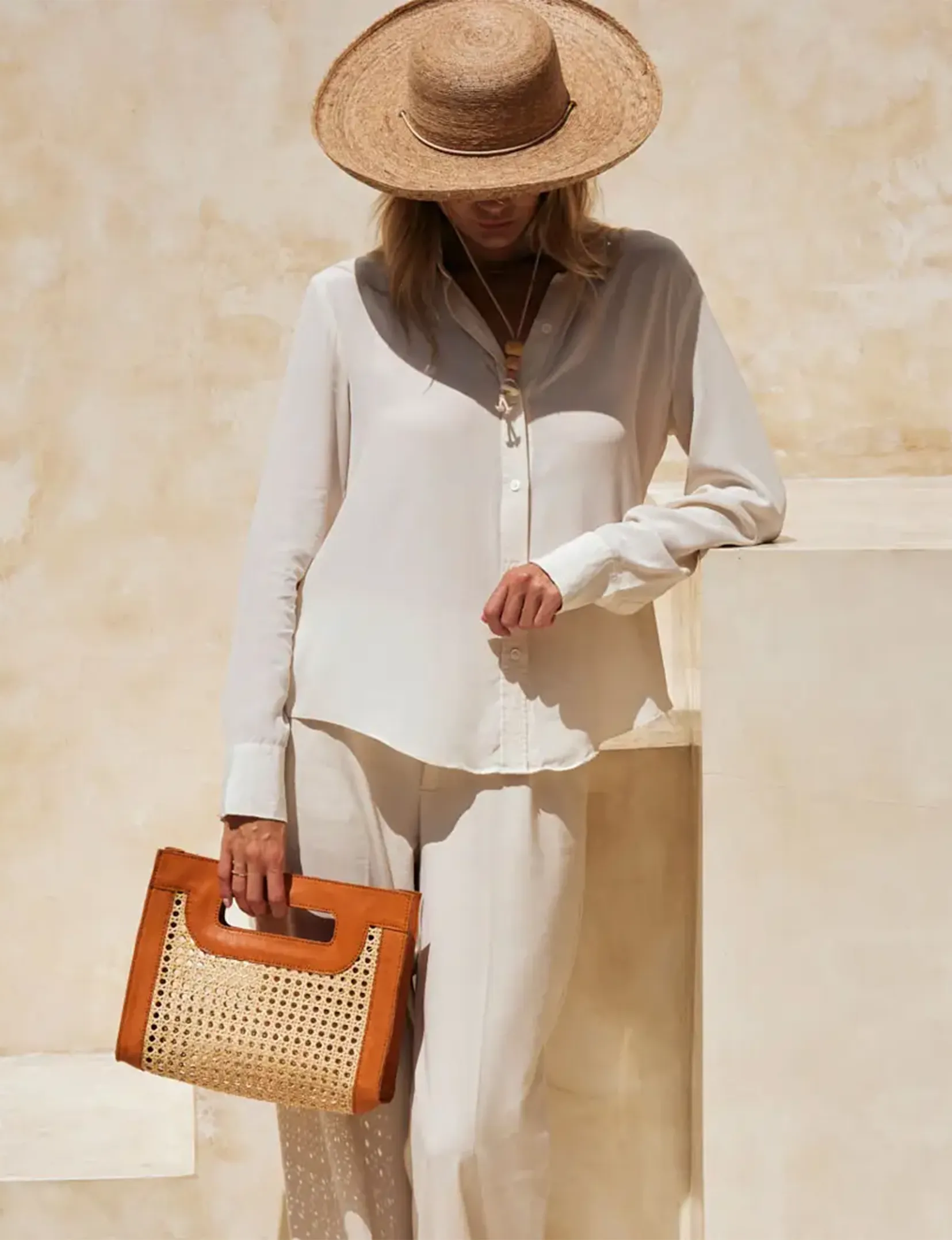 Rattan Weave Handbag, Brown Leather