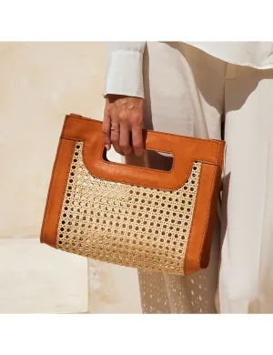 Rattan Weave Handbag, Brown Leather