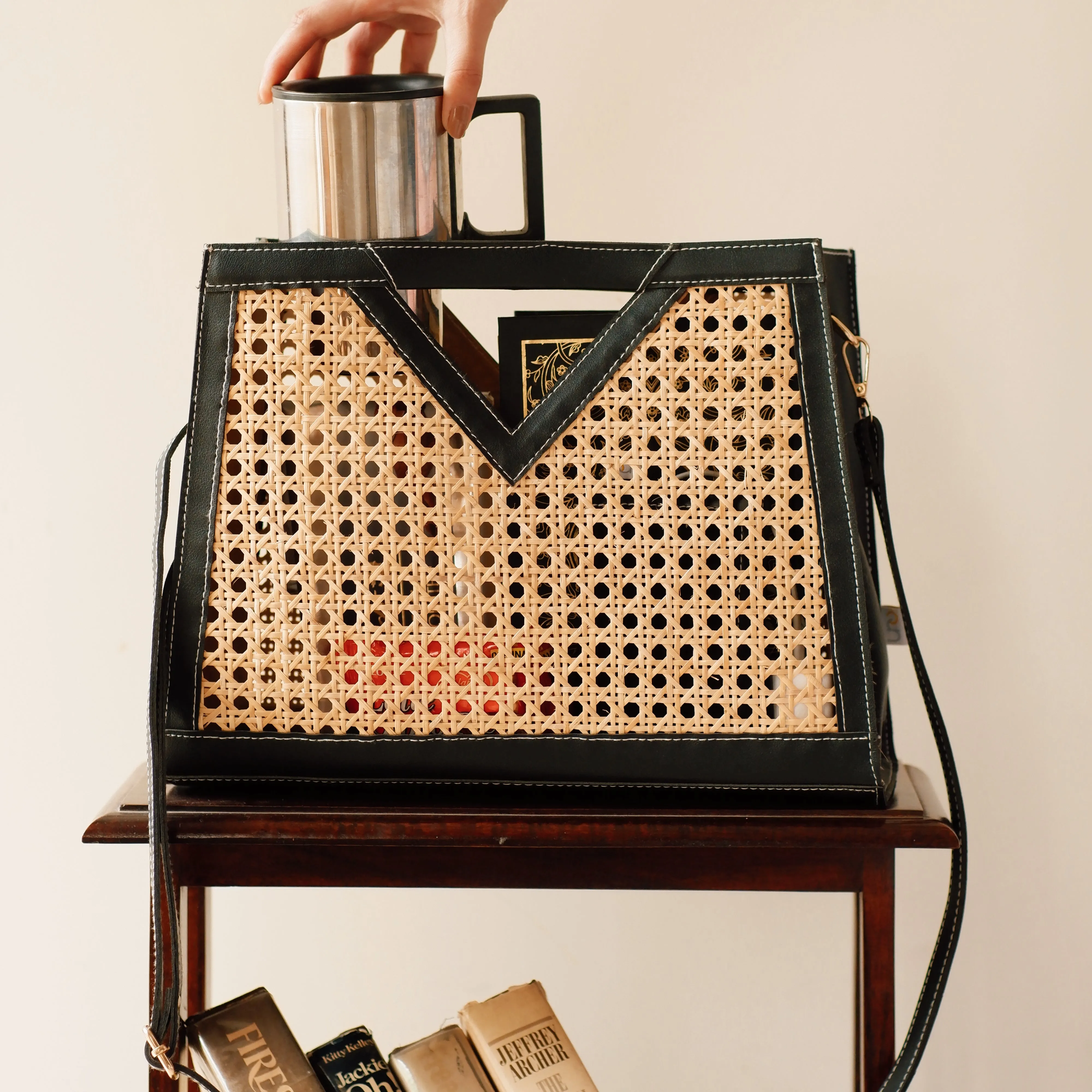 Rattan Weave Tan Sling/ Tote - Black
