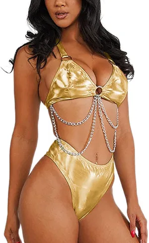 Rave Outfits for Women - EDC Metallic Holographic Body Chain Harness Top High Waist Bottom Festival Dance Bikini