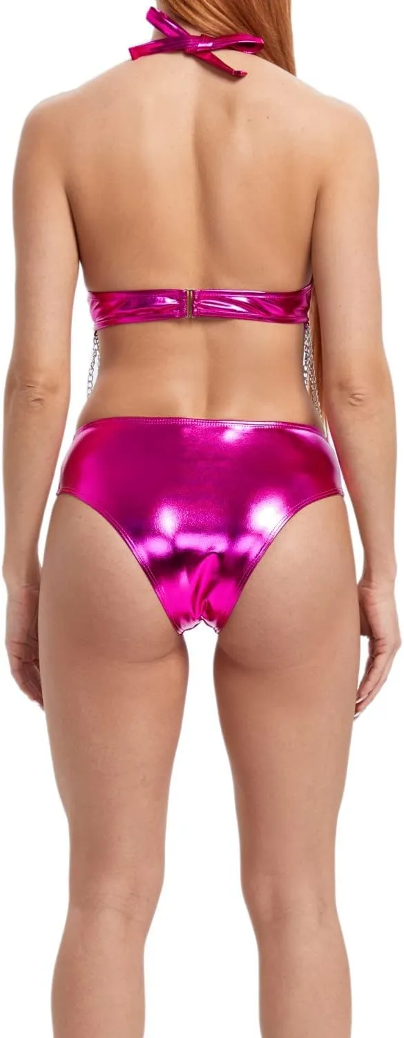 Rave Outfits for Women - EDC Metallic Holographic Body Chain Harness Top High Waist Bottom Festival Dance Bikini