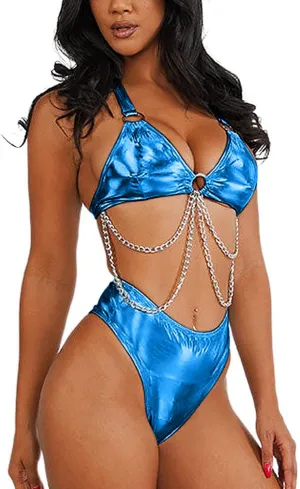 Rave Outfits for Women - EDC Metallic Holographic Body Chain Harness Top High Waist Bottom Festival Dance Bikini