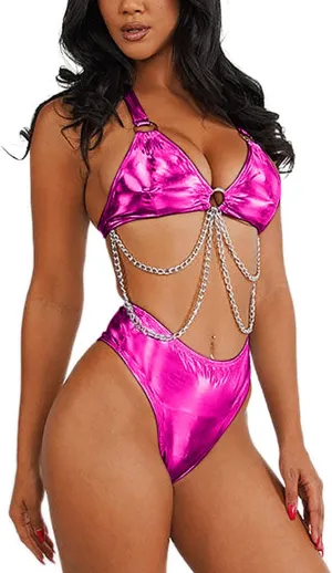Rave Outfits for Women - EDC Metallic Holographic Body Chain Harness Top High Waist Bottom Festival Dance Bikini