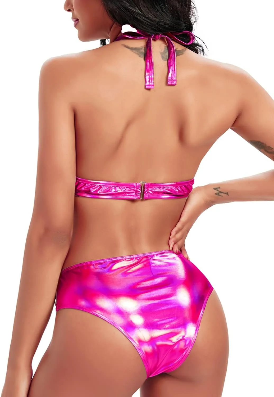 Rave Outfits for Women - EDC Metallic Holographic Body Chain Harness Top High Waist Bottom Festival Dance Bikini