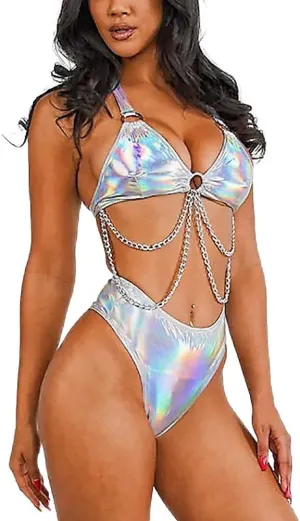 Rave Outfits for Women - EDC Metallic Holographic Body Chain Harness Top High Waist Bottom Festival Dance Bikini