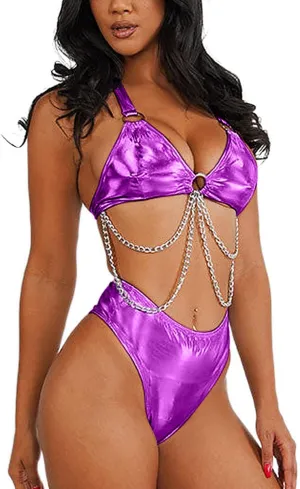 Rave Outfits for Women - EDC Metallic Holographic Body Chain Harness Top High Waist Bottom Festival Dance Bikini