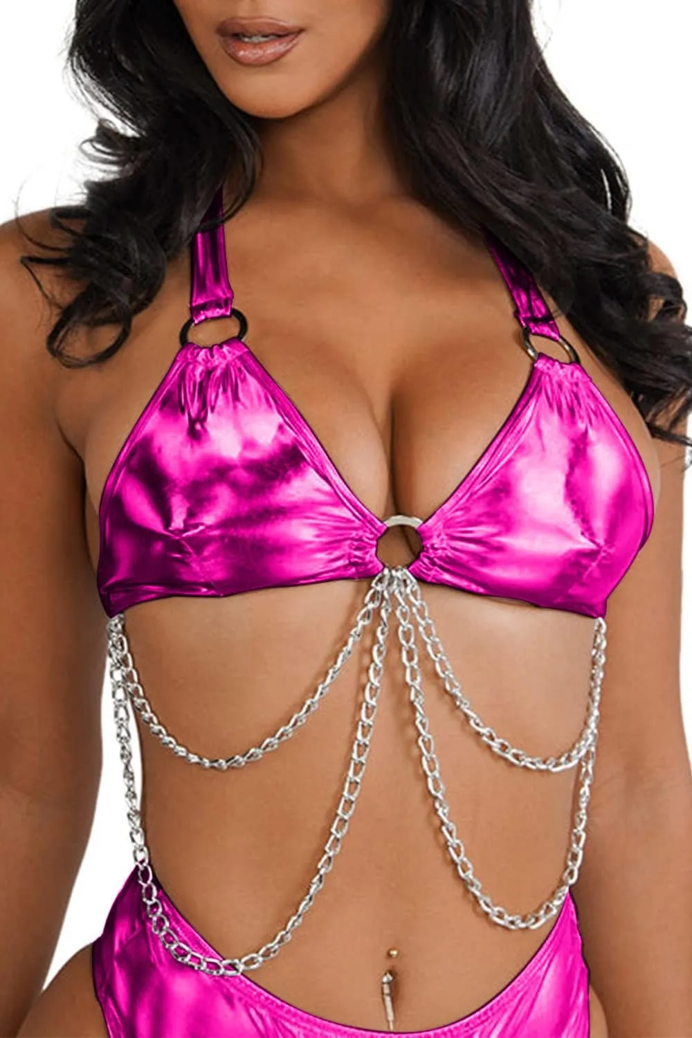 Rave Outfits for Women - EDC Metallic Holographic Body Chain Harness Top High Waist Bottom Festival Dance Bikini
