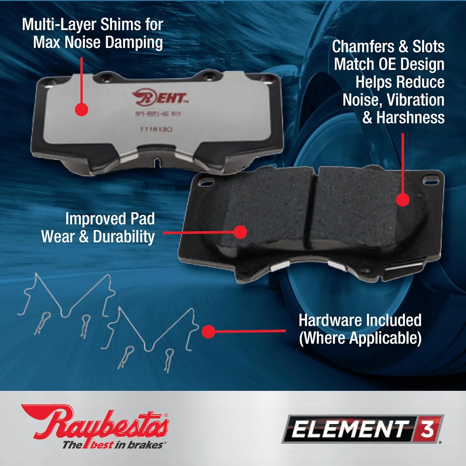 Raybestos Element3 EHT™ Automotive Replacement Front Brake Pad for Selected 2015-2019 Hyundai Sonata, 2022-2023 Hyundai Kona Electric, 2016-2020 Kia Optima (EHT1826H)