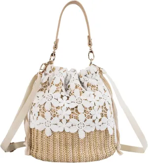 Rcheommo Women Cross Body Bohemian Straw Bag Straw Drawstring Bucket Straw Bag Flower Lace Decor Handwoven Rattan Ba