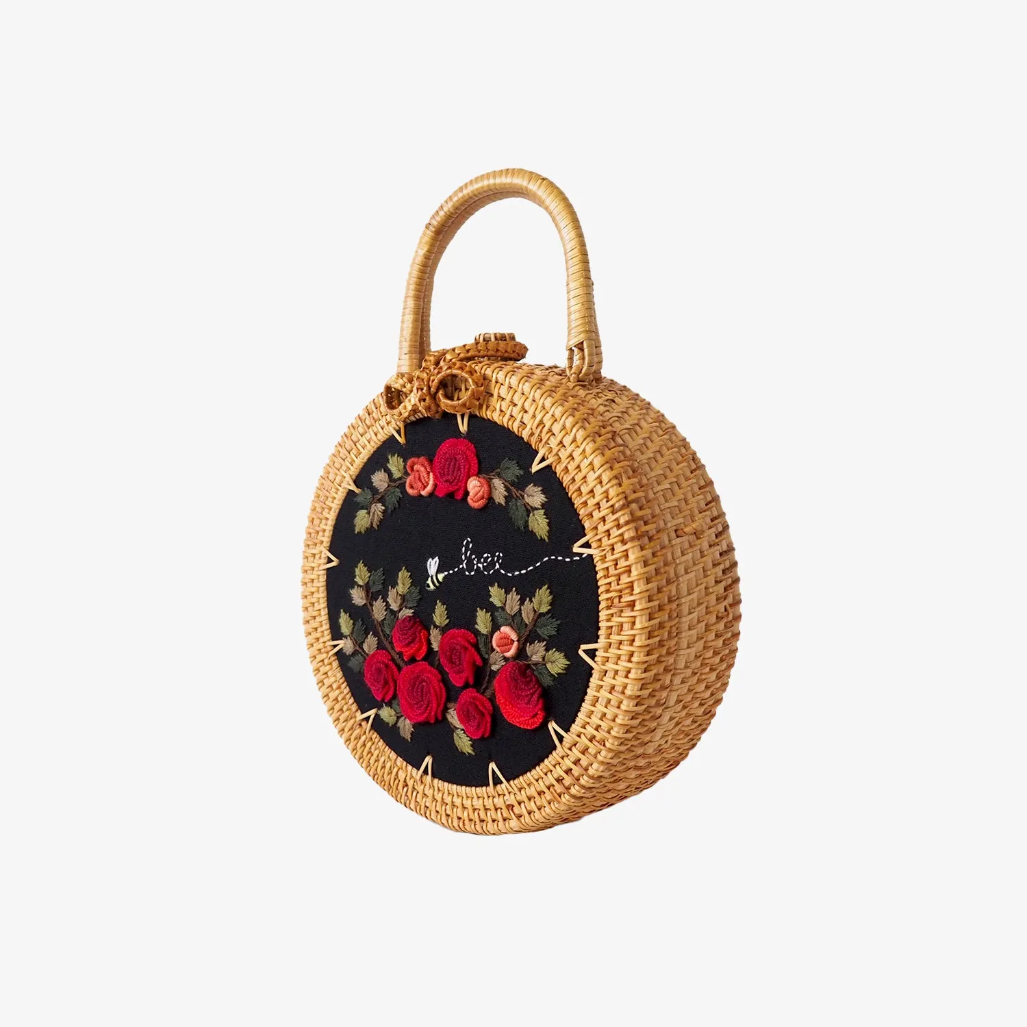 Red Rose Embroidered Rattan Bag