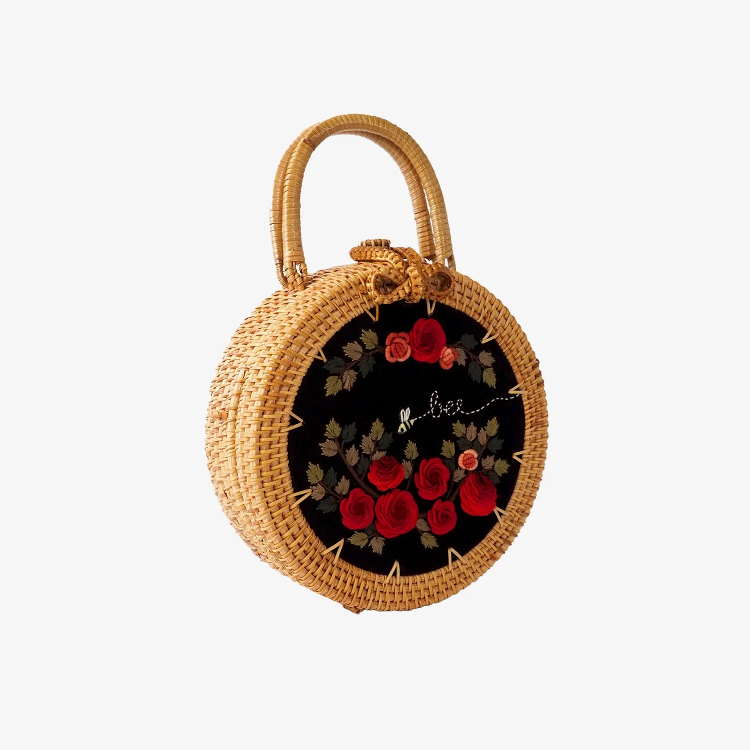 Red Rose Embroidered Rattan Bag