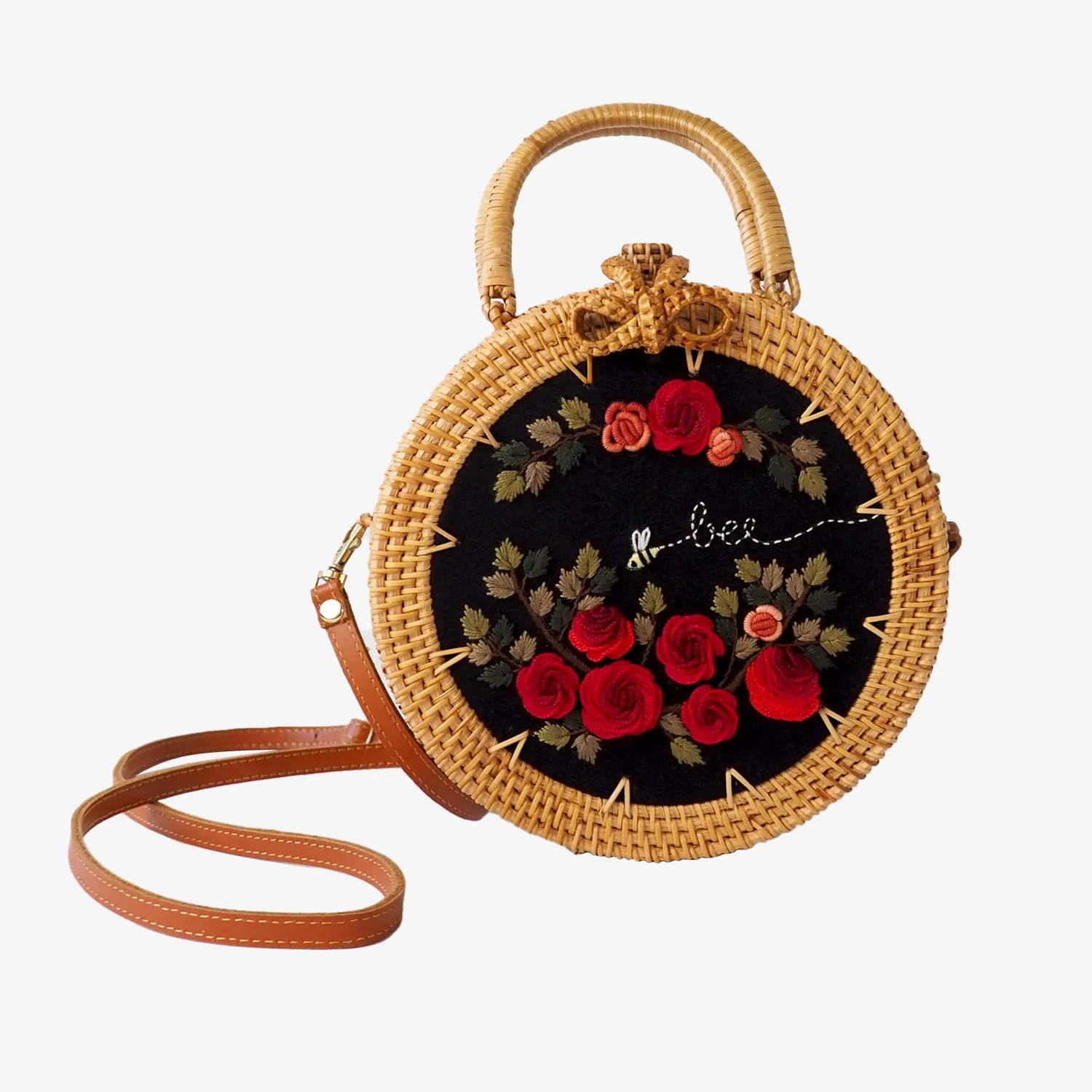 Red Rose Embroidered Rattan Bag