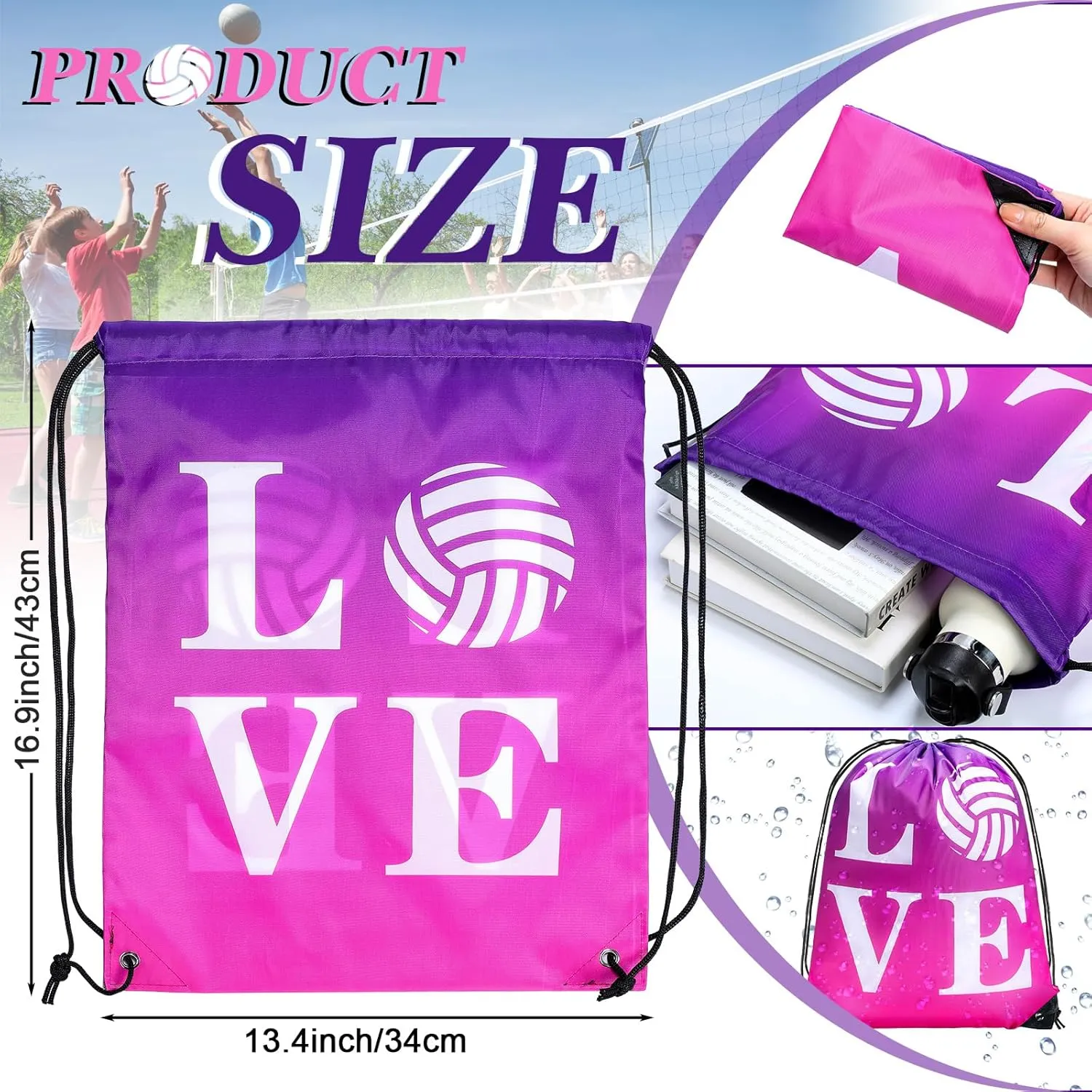 Reginary 24 Pcs Volleyball Drawstring Backpack Volleyball Gift Bags Cinch Sport Gym Travel Sack Bag for Men Women (Pink)