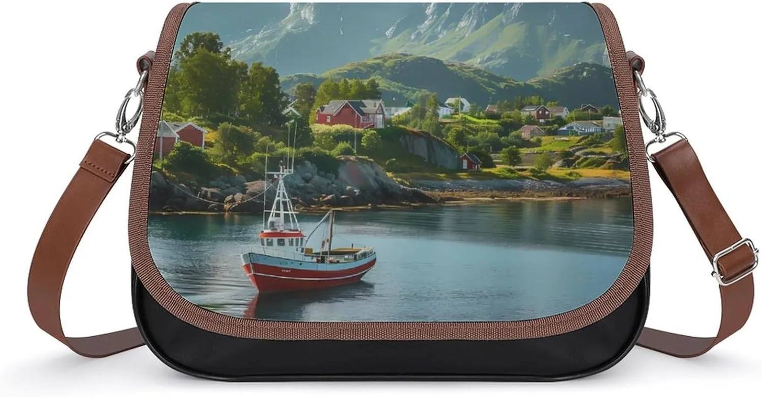 _Reine Village Lofoten Islands Norway Crossbody Bags for Women PU Leather Tote Bag Purse Shoulder Bag for Travel Office