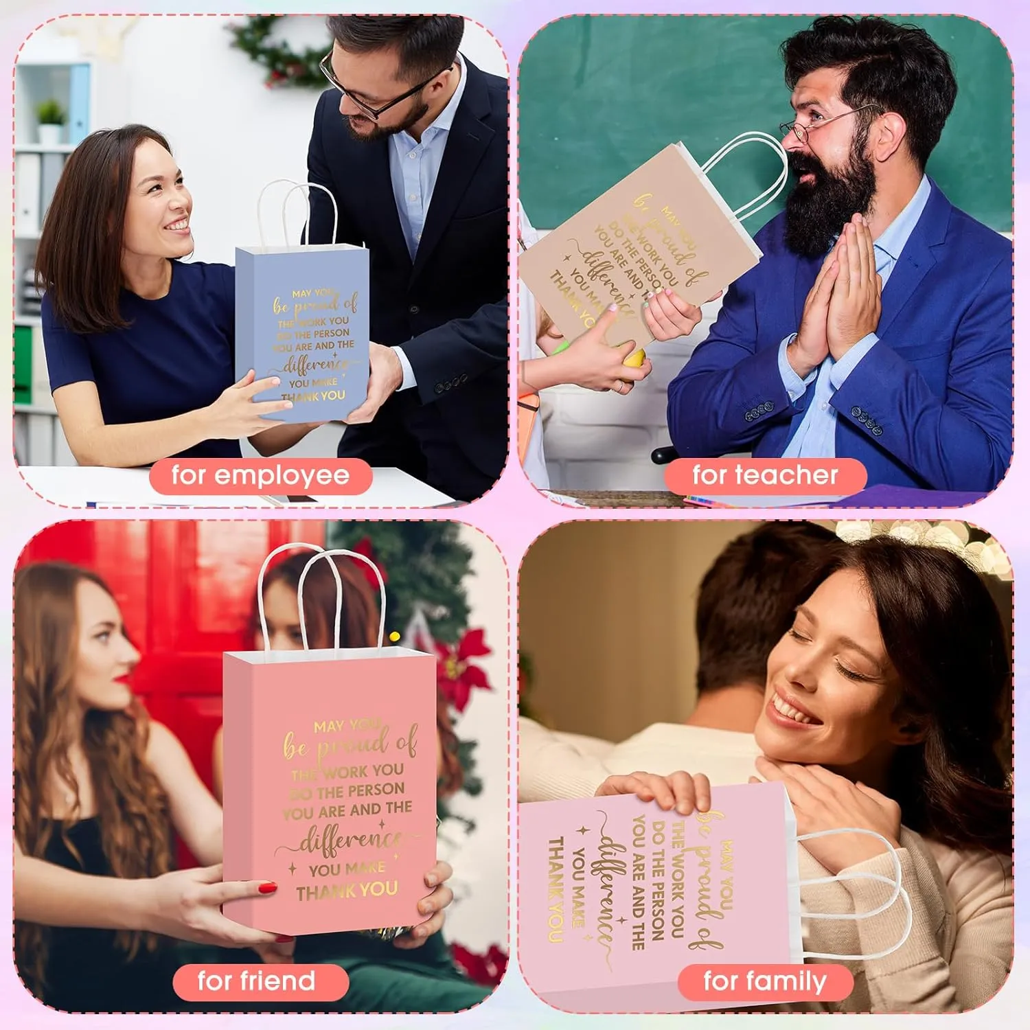 ReliThick 100 Pcs Employee Appreciation Gifts Bags Bulk May You Be Proud of The Work You Do Paper Bags Team Inspirational Gifts for Teachers Coworkers Volunteer Staff Nurses Week Appreciation(Pastel)