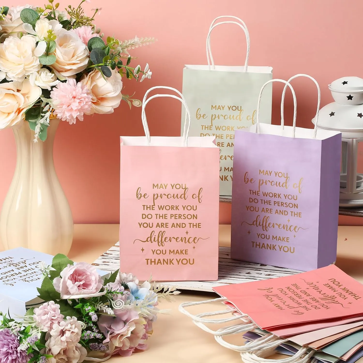ReliThick 100 Pcs Employee Appreciation Gifts Bags Bulk May You Be Proud of The Work You Do Paper Bags Team Inspirational Gifts for Teachers Coworkers Volunteer Staff Nurses Week Appreciation(Pastel)