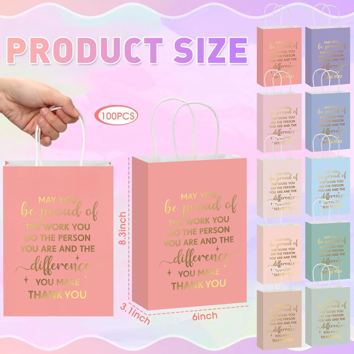 ReliThick 100 Pcs Employee Appreciation Gifts Bags Bulk May You Be Proud of The Work You Do Paper Bags Team Inspirational Gifts for Teachers Coworkers Volunteer Staff Nurses Week Appreciation(Pastel)