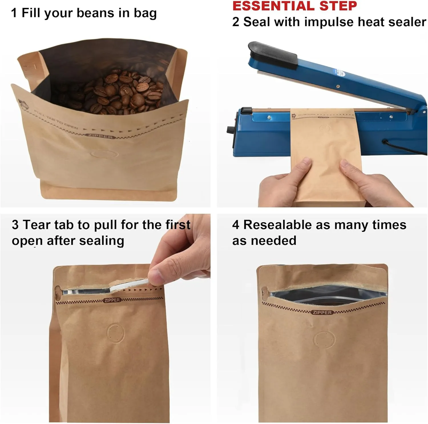 Resealable Kraft Paper Coffee Bags with Degassing Valve, Flat Bottom Side Gusset Stand Up Coffee Pouches with Zipper Lock (Pack of 50, Size for 4 oz/120 grams Coffee Beans or Ground)
