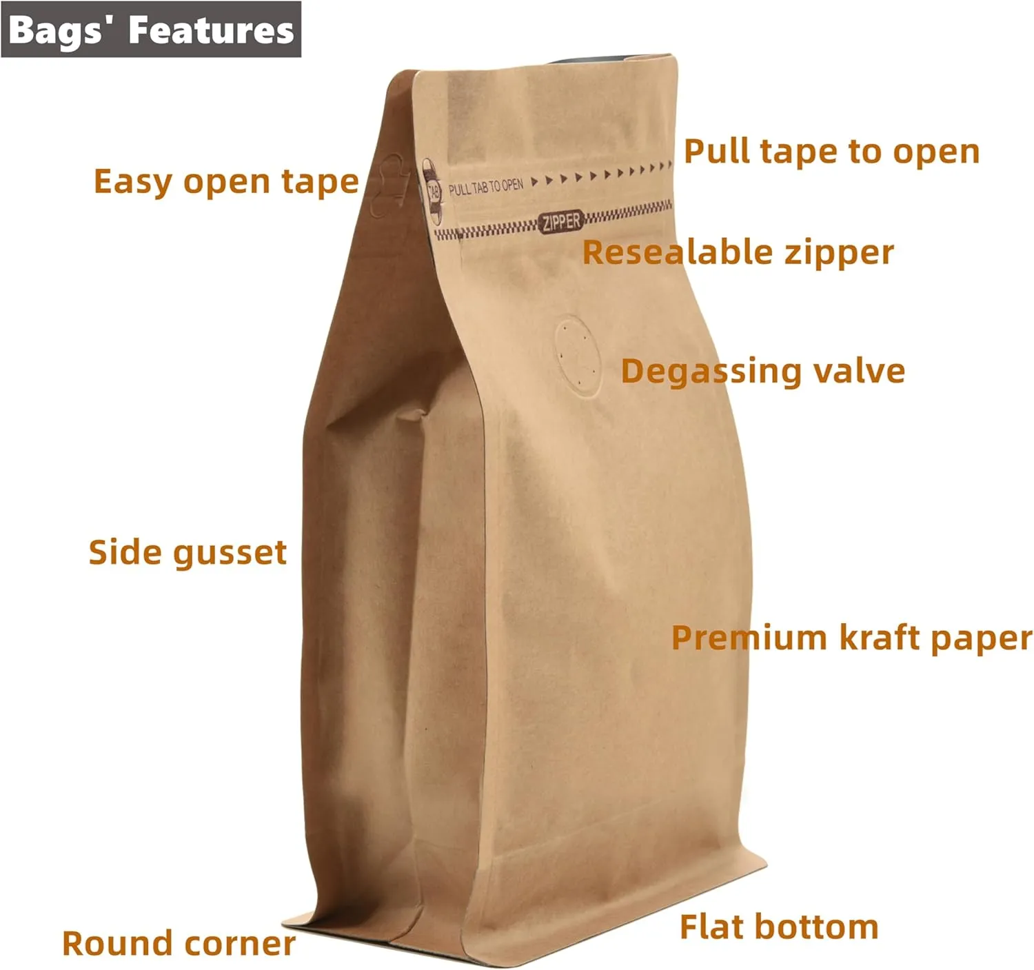 Resealable Kraft Paper Coffee Bags with Degassing Valve, Flat Bottom Side Gusset Stand Up Coffee Pouches with Zipper Lock (Pack of 50, Size for 4 oz/120 grams Coffee Beans or Ground)