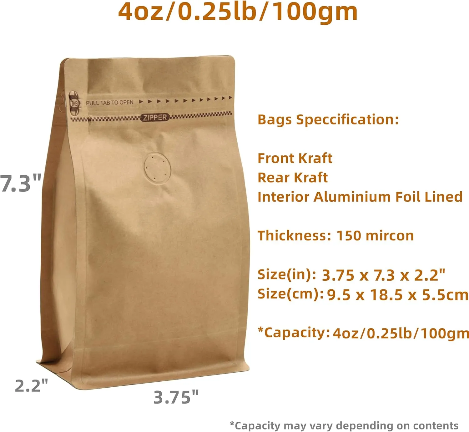 Resealable Kraft Paper Coffee Bags with Degassing Valve, Flat Bottom Side Gusset Stand Up Coffee Pouches with Zipper Lock (Pack of 50, Size for 4 oz/120 grams Coffee Beans or Ground)