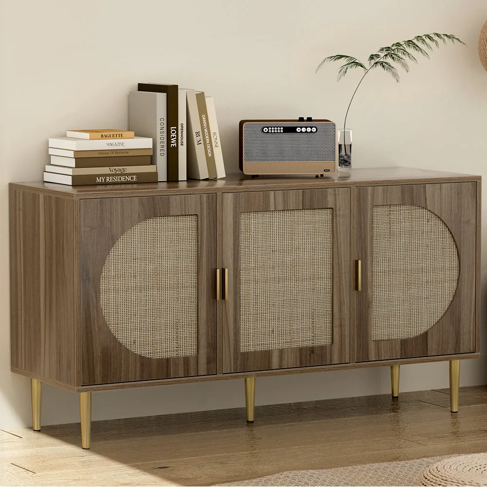 Retro Modern Classic Rattan Buffet Sideboard 3 Door Storage Cupboard - Dark Oak