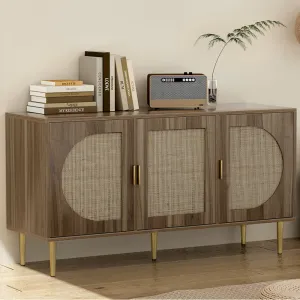 Retro Modern Classic Rattan Buffet Sideboard 3 Door Storage Cupboard - Dark Oak
