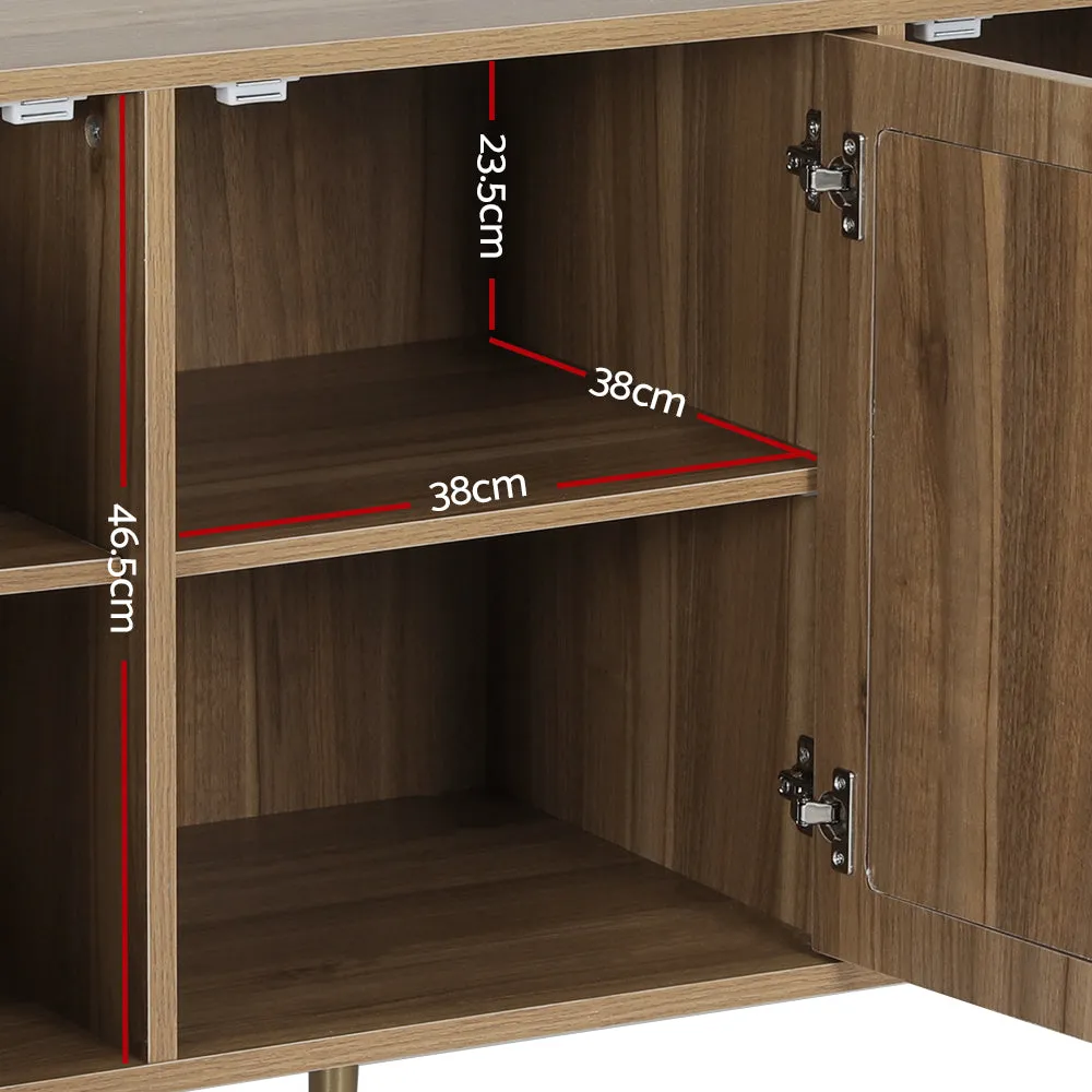 Retro Modern Classic Rattan Buffet Sideboard 3 Door Storage Cupboard - Dark Oak