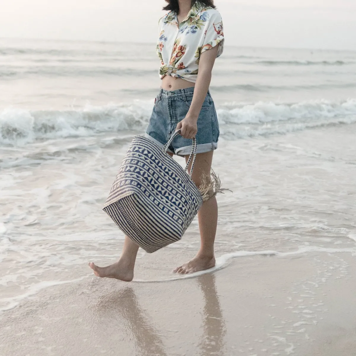 Rootz  Blue Shopping Bag | Beach Bag | Tote Bag KIDUL made of Rattan