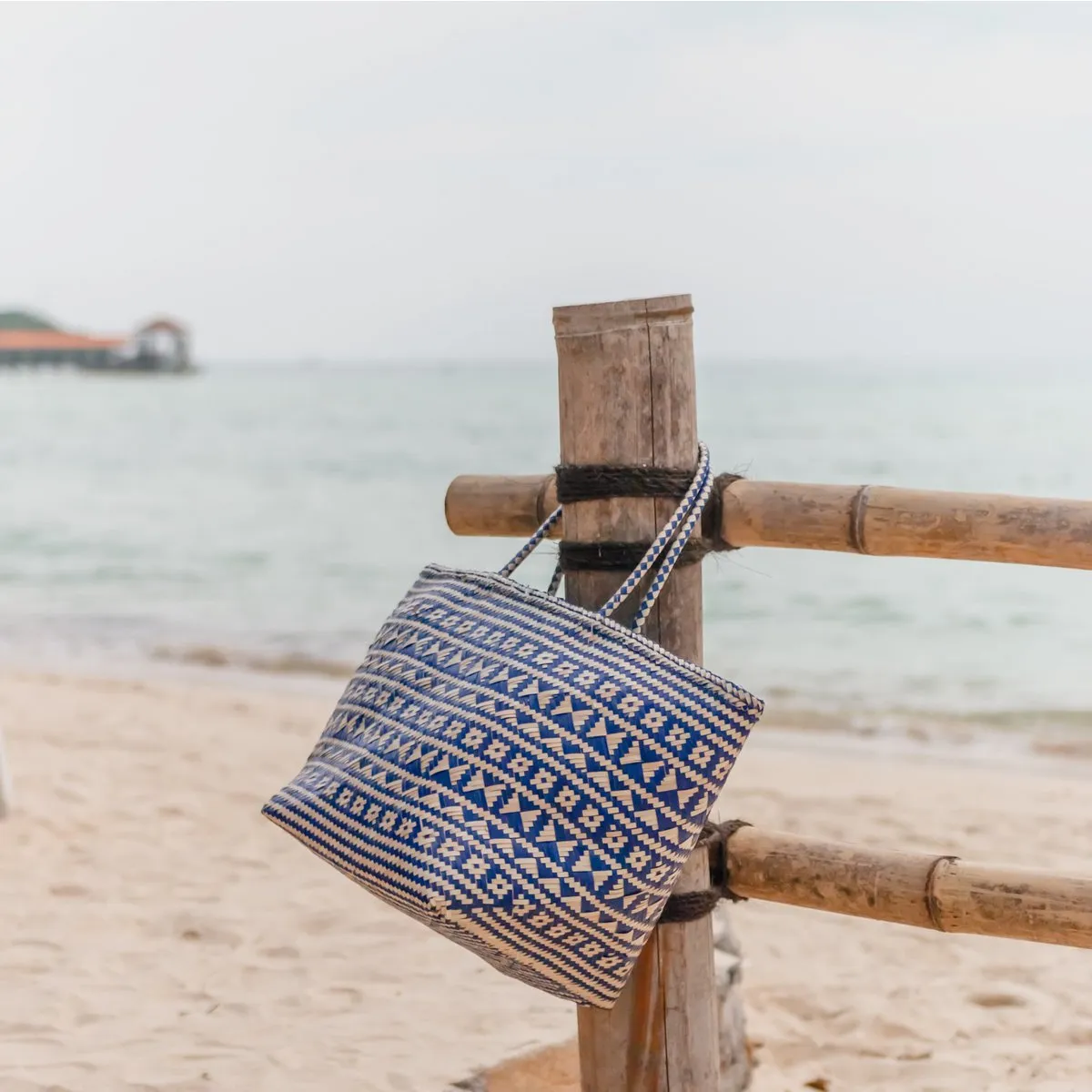 Rootz  Blue Shopping Bag | Beach Bag | Tote Bag KIDUL made of Rattan