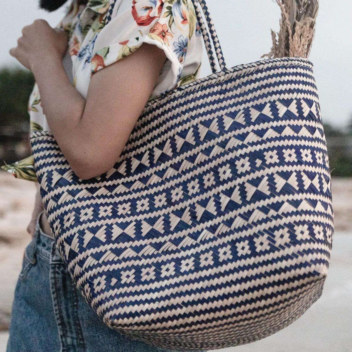 Rootz  Blue Shopping Bag | Beach Bag | Tote Bag KIDUL made of Rattan
