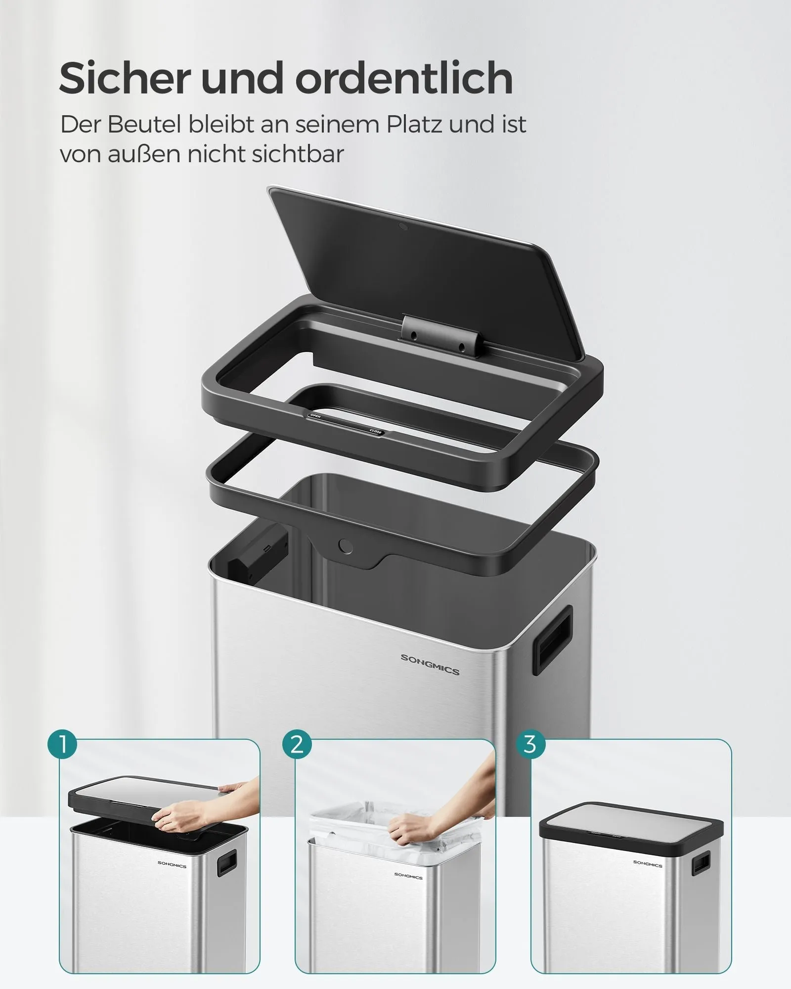 Rootz Steel Trash Can - Garbage Bin - Waste Basket - Durable Construction - 41cm x 29.5cm x 67cm - Metallic Silver - 68L Capacity