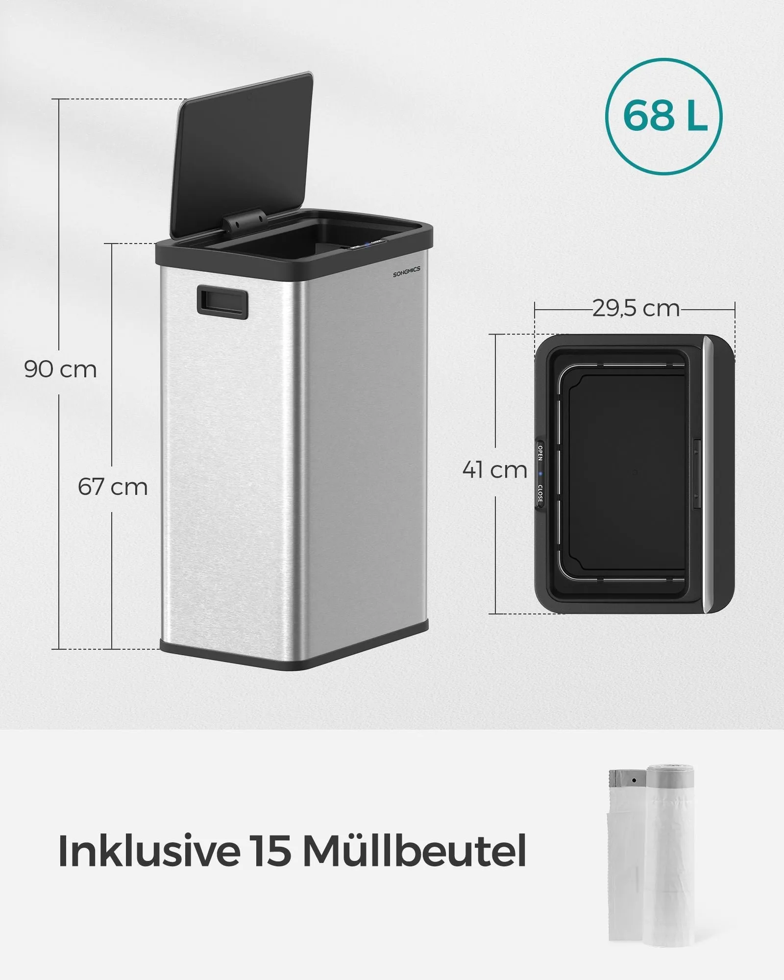 Rootz Steel Trash Can - Garbage Bin - Waste Basket - Durable Construction - 41cm x 29.5cm x 67cm - Metallic Silver - 68L Capacity