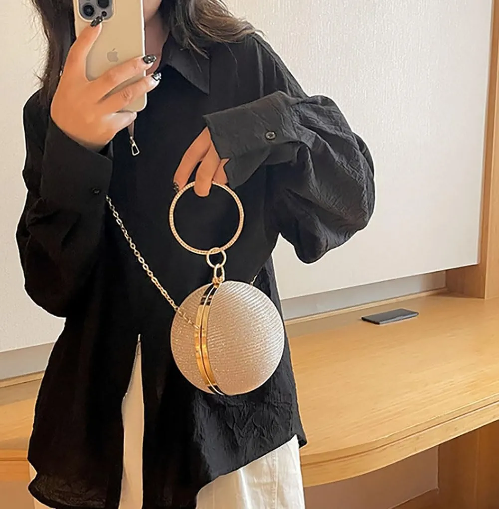 Round Evening Clutch Purse with Ring Handle, 6.7 inches Diameter, Gold Chain Strap