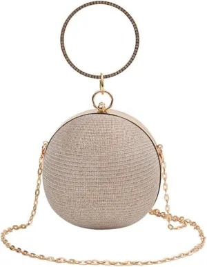 Round Evening Clutch Purse with Ring Handle, 6.7 inches Diameter, Gold Chain Strap