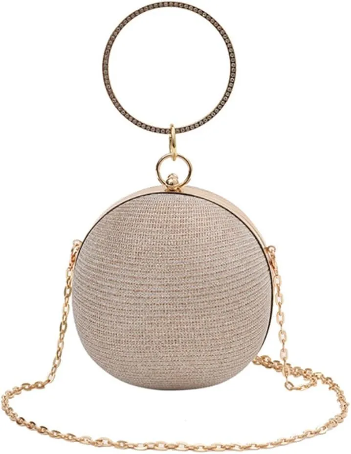 Round Evening Clutch Purse with Ring Handle, 6.7 inches Diameter, Gold Chain Strap