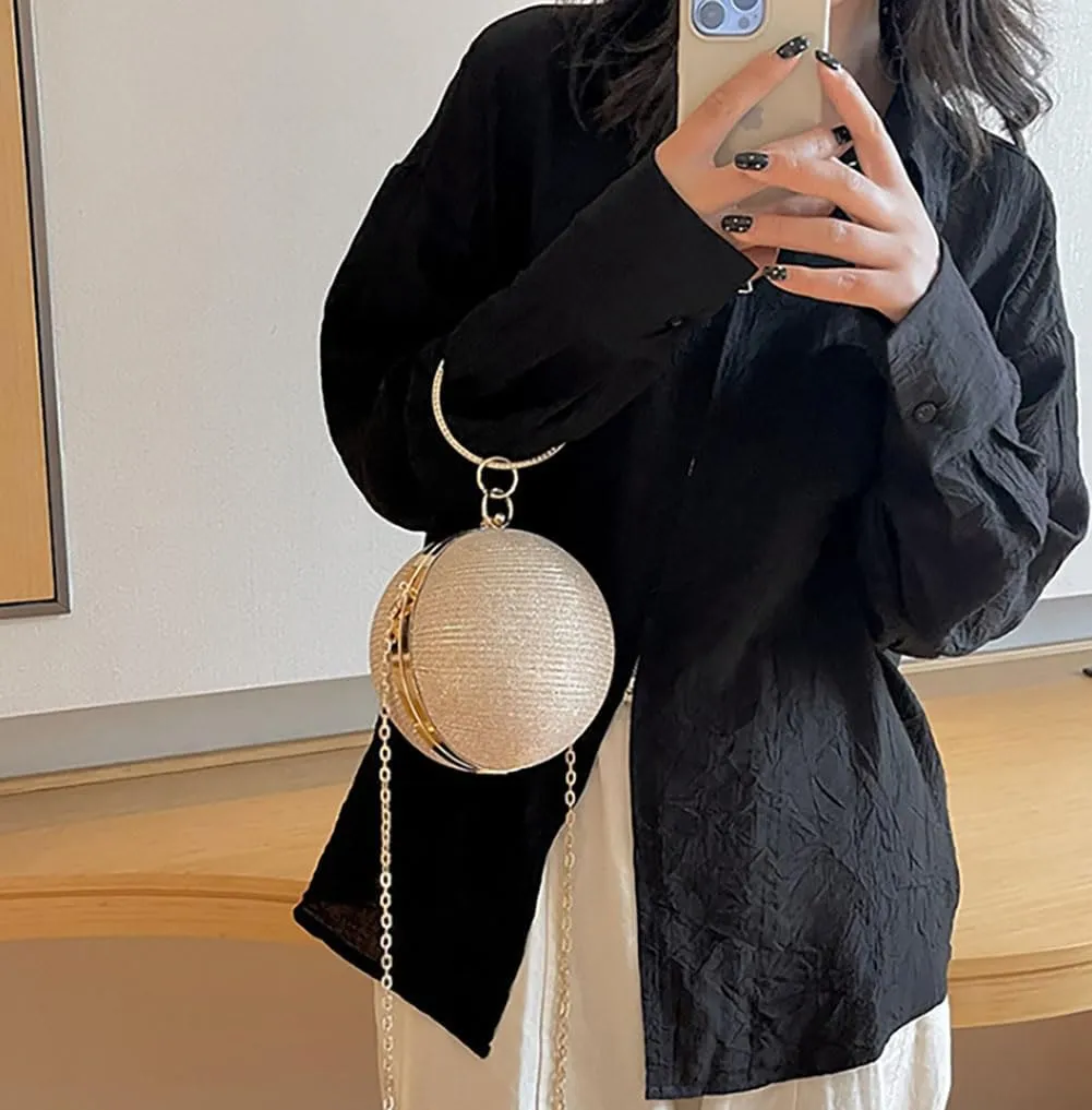Round Evening Clutch Purse with Ring Handle, 6.7 inches Diameter, Gold Chain Strap