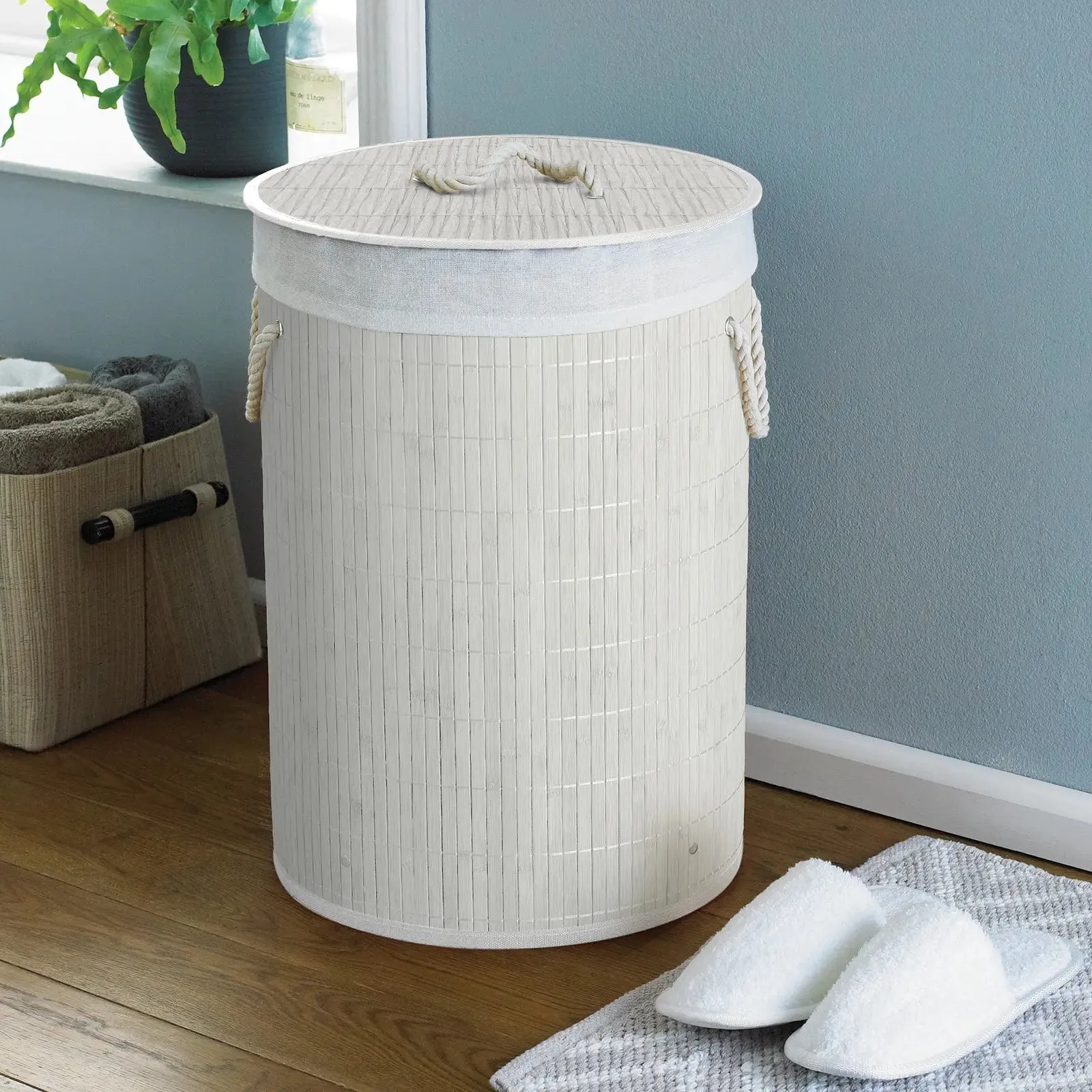 Round Laundry Basket Bamboo & Rattan Effect Eco Friendly Hamper 50cm