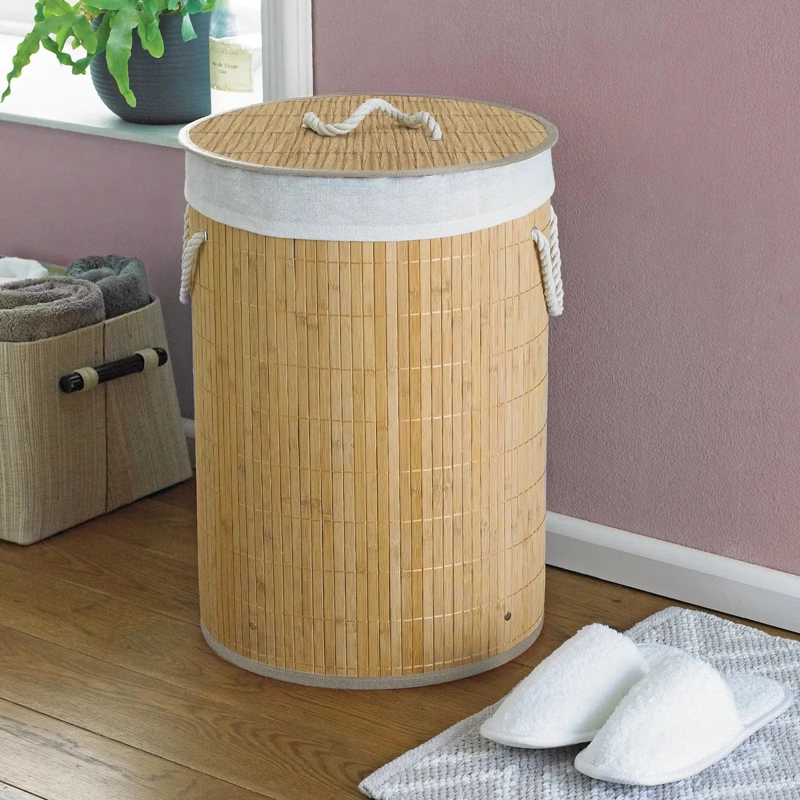 Round Laundry Basket Bamboo & Rattan Effect Eco Friendly Hamper 50cm