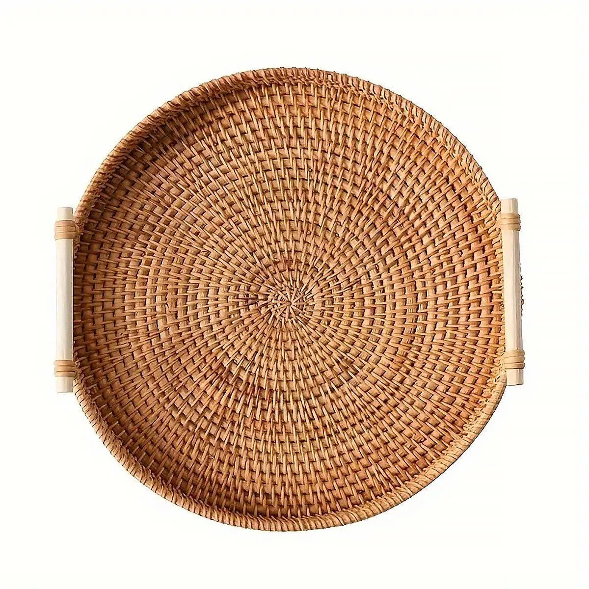 Round Rattan Hand Woven Storage Basket Bread Fruit Serving Tray Kitchen Container