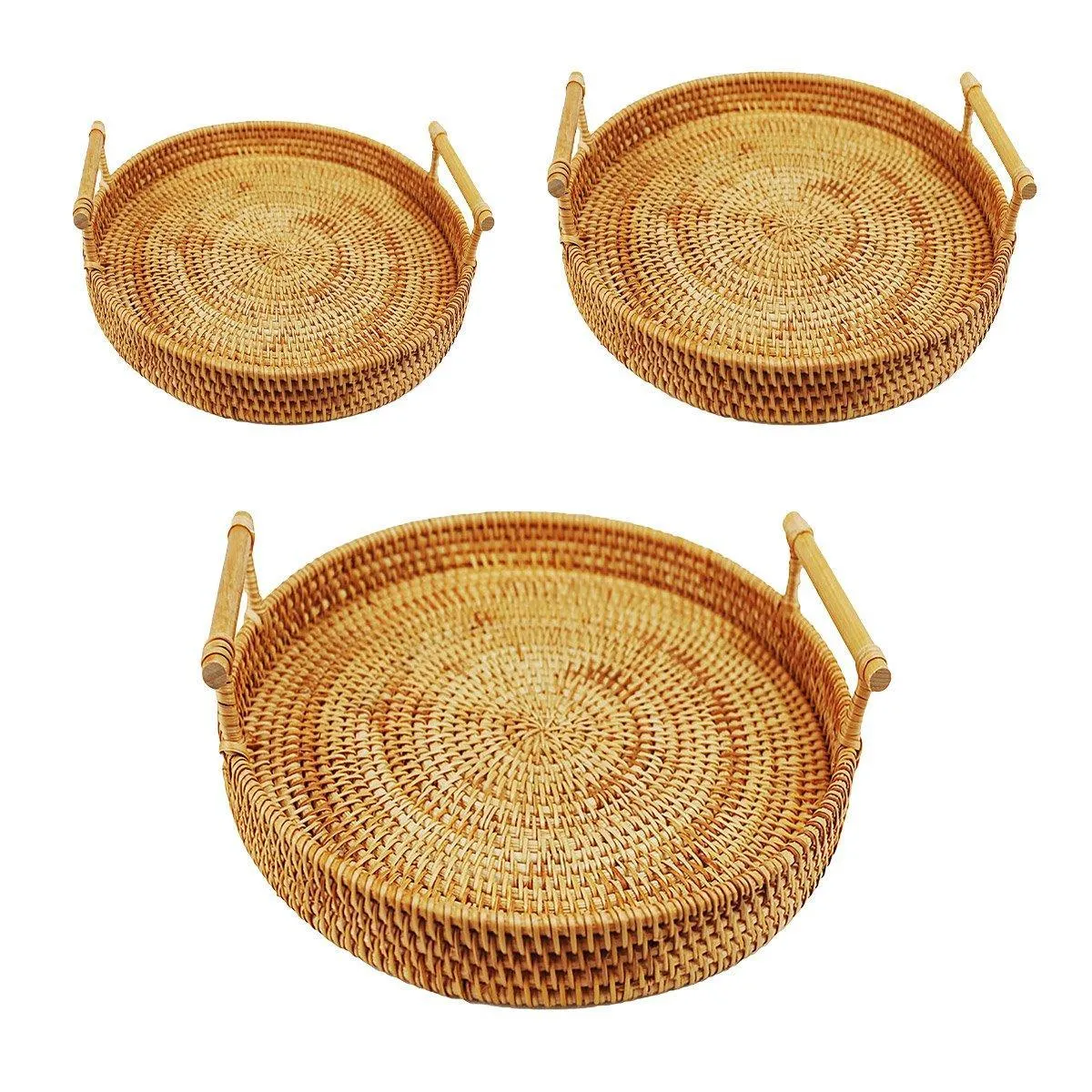 Round Rattan Hand Woven Storage Basket Bread Fruit Serving Tray Kitchen Container