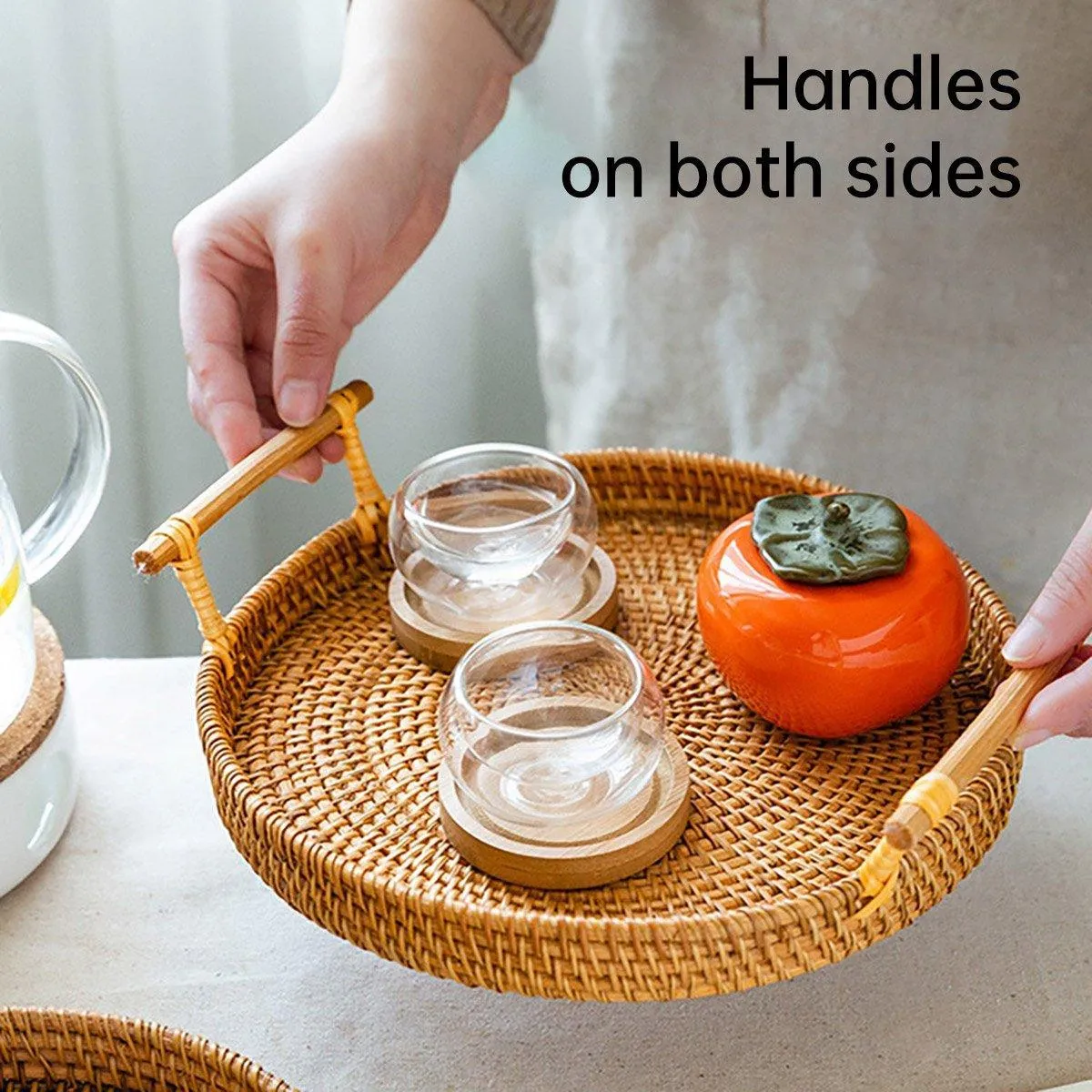 Round Rattan Hand Woven Storage Basket Bread Fruit Serving Tray Kitchen Container