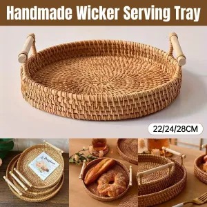 Round Rattan Hand Woven Storage Basket Bread Fruit Serving Tray Kitchen Container